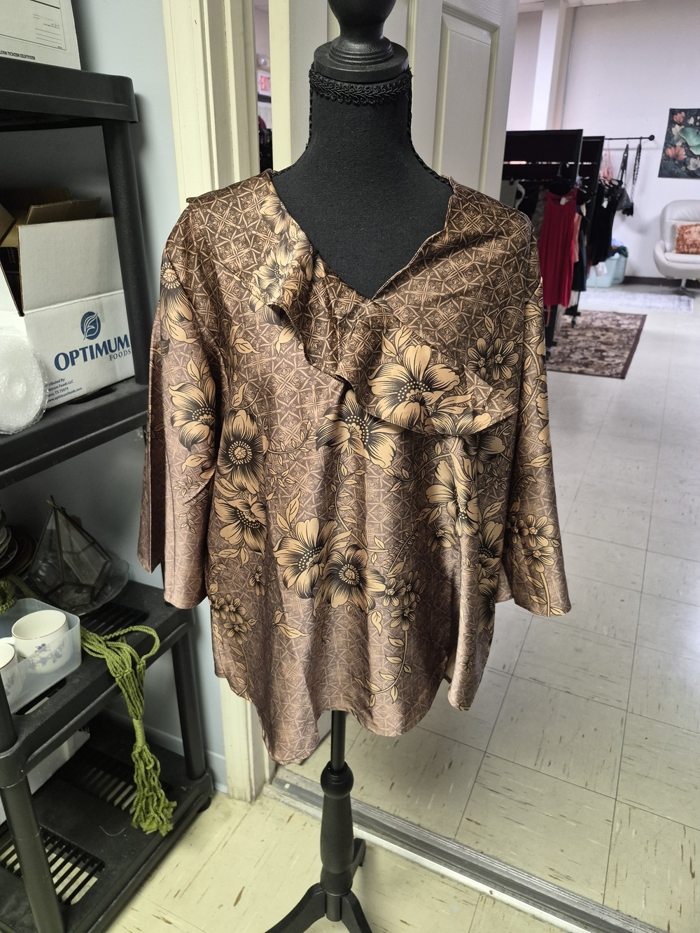 Women's Brown Floral Satin Blouse with Ruffle Detail